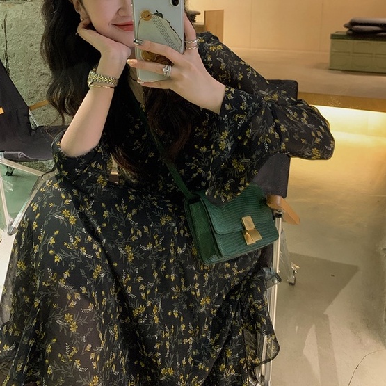 Đầm tay dài cổ chữ v họa tiết hoa phong cách retro thanh lịch nữ tính 46677