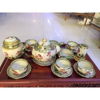 bộ ấm trà minh long bọc đồng vẽ sen đỏ