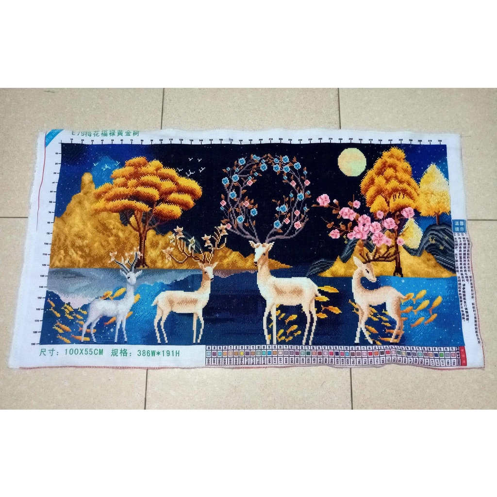 Tranh đính đá Hươu Nai Giàu Sang Phú Quý KT; 120x50cm, 150x60cm, tranh chưa gắn đá