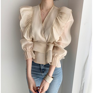 Áo kiểu cổ V viền bèo thắt dây eo nữ tính trang nhã