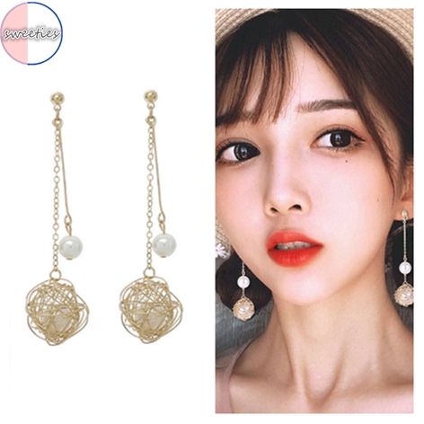 fashion Hollow Weaving Pearl pendant tassel dangle earring woman elegant charm party gold jewelry