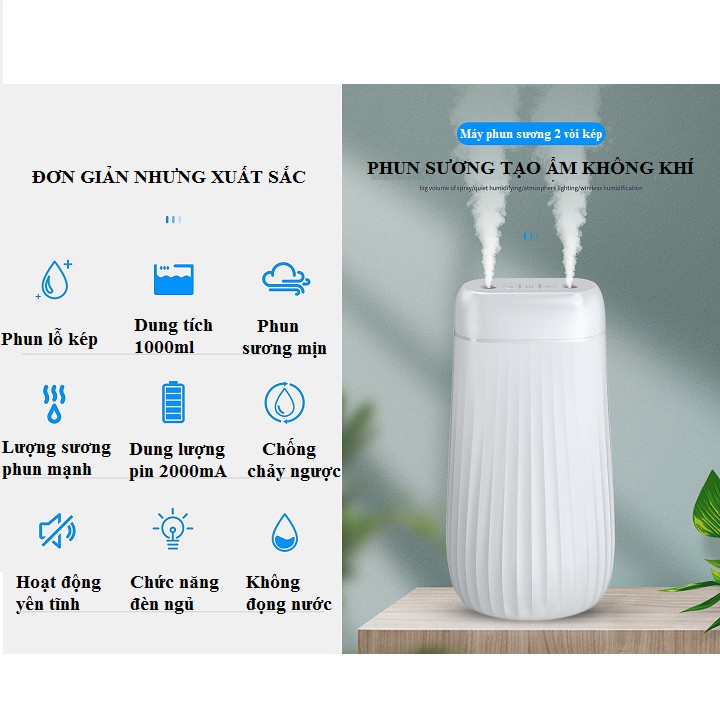 Máy phun sương tạo hơi ẩm bình đựng 1000ml có hai vòi phun kép sử dụng công nghệ siêu âm khuếch tán tinh dầu thơm phòng