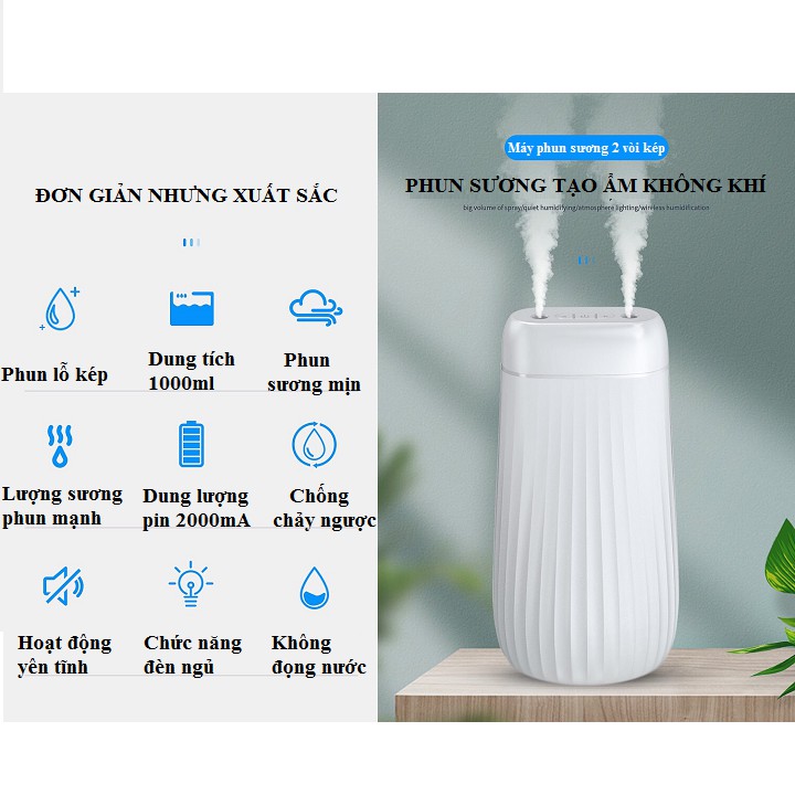 MÁY PHUN SƯƠNG TẠO ẨM 1000ML 2 VÒI PHUN KÉP ,SIÊU MƯỢT KHÔNG GÂY TIẾNG ỒN