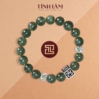 Tinh lâm vòng tay phong thủy đá thạch anh tóc xanh 9 li - charm vuông sen