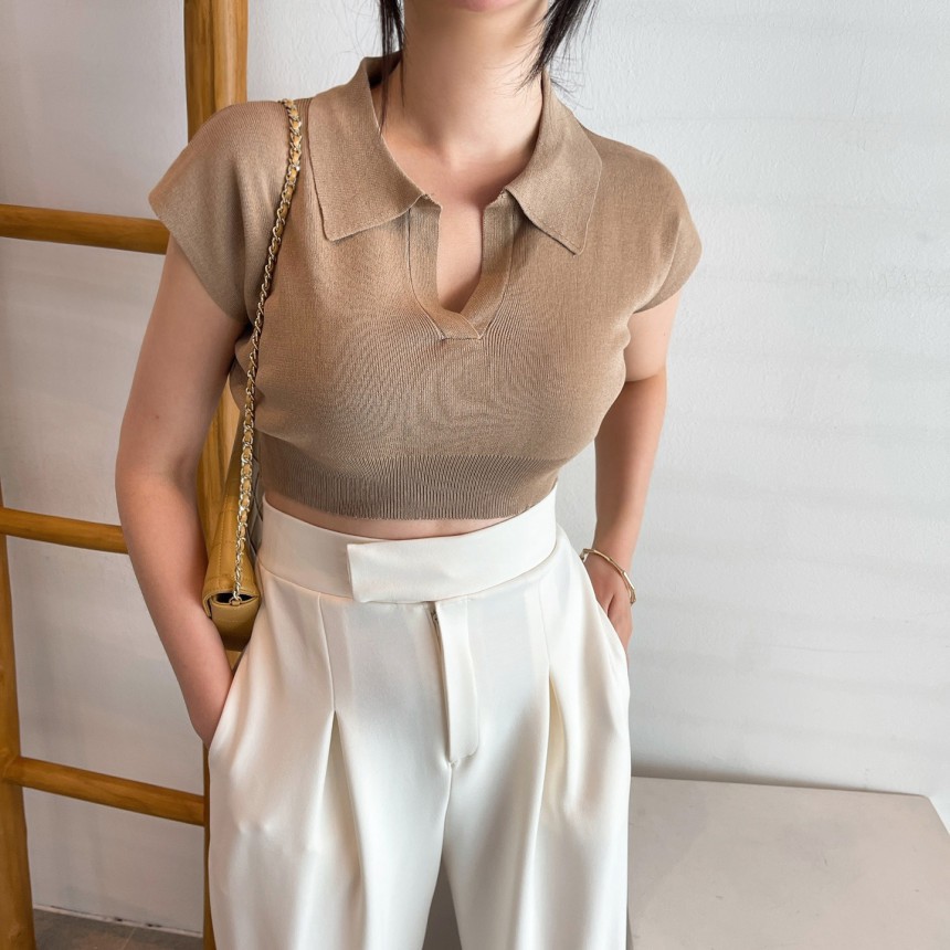 Áo thun dệt kim dáng ôm màu trơn gợi cảm cho nữ