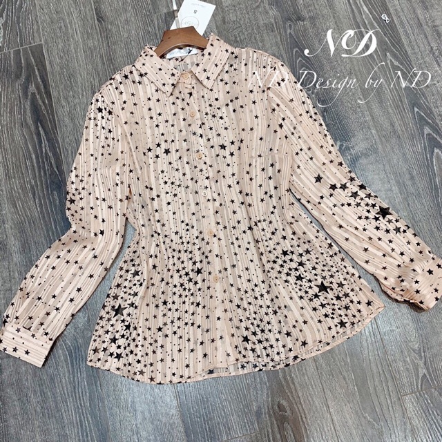 Áo sơmi tơ họa tiết ngàn sao, áo dài tay