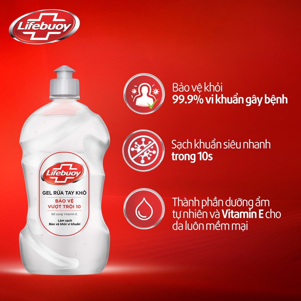 Gel rửa tay khô sạch siêu nhanh Lifebuoy Bảo Vệ Vượt Trội 10 (Chai nắp bạc 500ml) | BigBuy360 - bigbuy360.vn