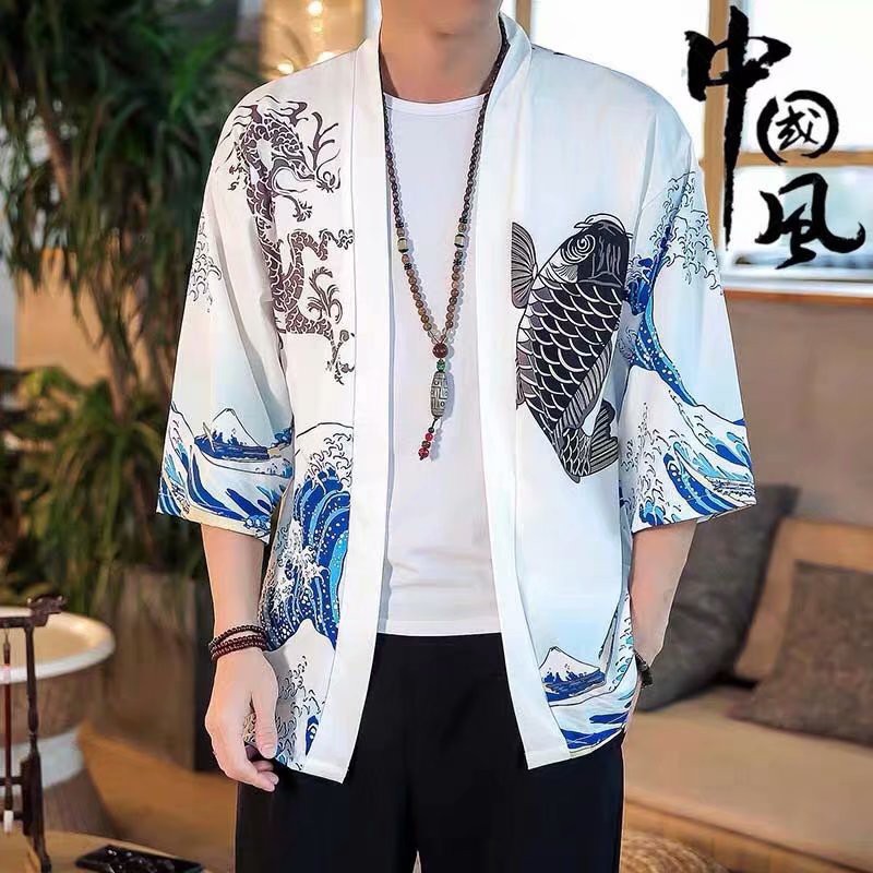 Áo Sơ Mi Đi Biển 7 Tấc Bằng cotton Dáng Rộng Thoáng Khí In Họa Tiết Sóng Biển Thời Trang Nhật Bản Cho Nam Và Nữ