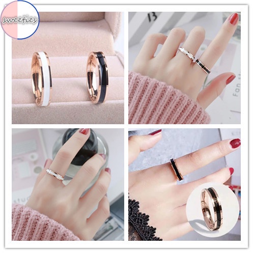 Nhẫn đeo tay bằng thép titan màu trắng đen phong cách thời trang cho nam/nữ