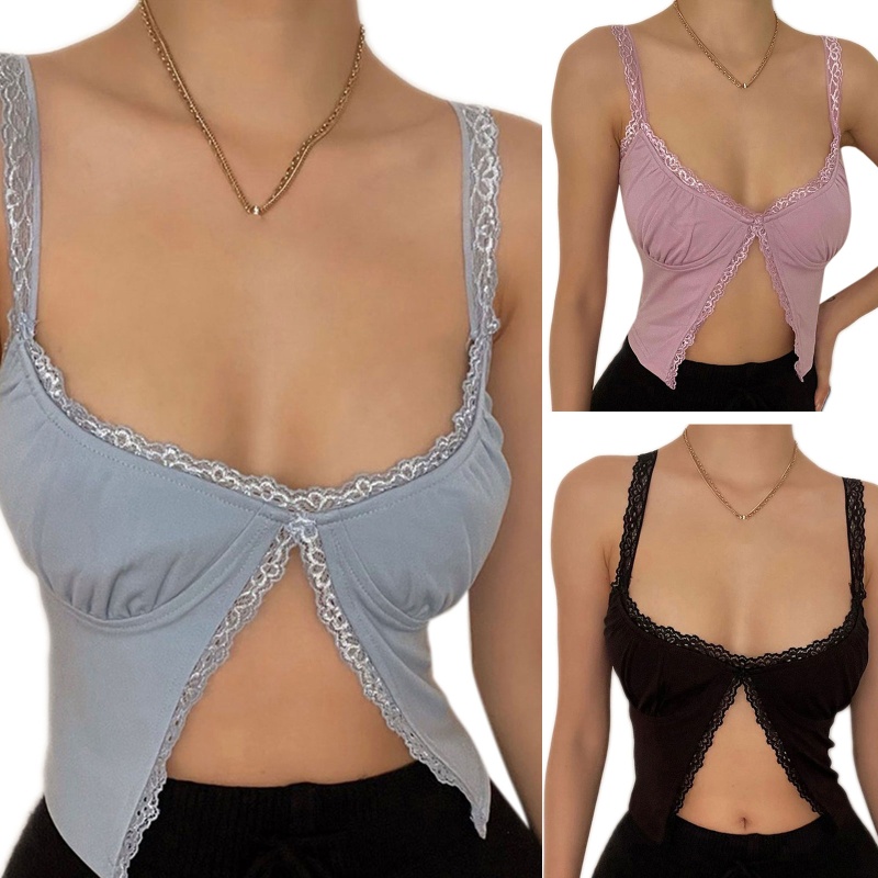 Áo Croptop Hai Dây Dáng Ôm Cổ Chữ U Viền Ren Thời Trang Mùa Hè Cho Bạn Gái