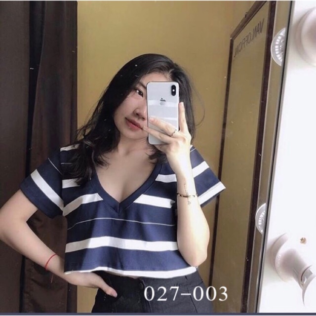 (CÓ VIDEO ẢNH THẬT) Áo crop sọc gân cổ V