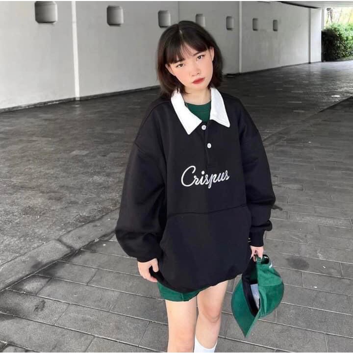 Áo Sweater Cổ Bẻ Crispus Tay Bồng Nữ Meeny- Nỉ Form Rộng Polo Dài Tay Polo Dáng Ullzang Cá Tính
