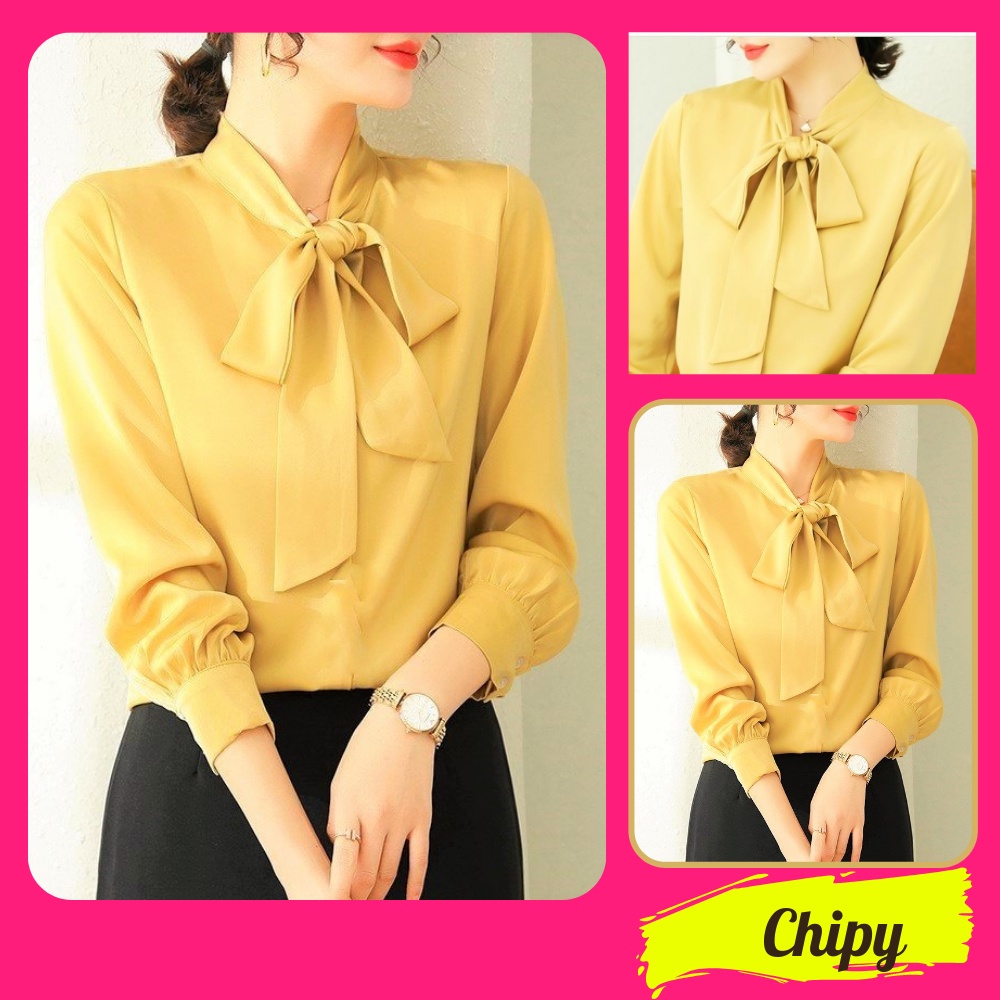 Áo Sơ Mi Kiểu Công Sở Đẹp CHIPY Tay Dài Cổ Thắt Nơ Vàng Chất Lụa Cao Cấp From Rộng Hàn Quốc Ulzzang Vintage A1V