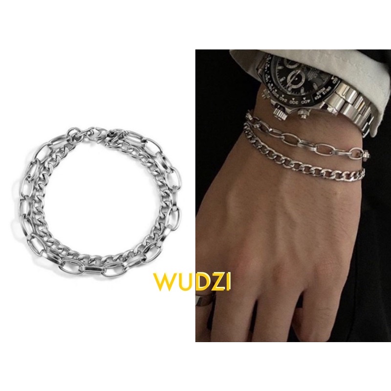 Vòng tay thép titan thiết kế 2 lớp dây xích phong cách hip hop đơn giản dành cho nam nữ unisex