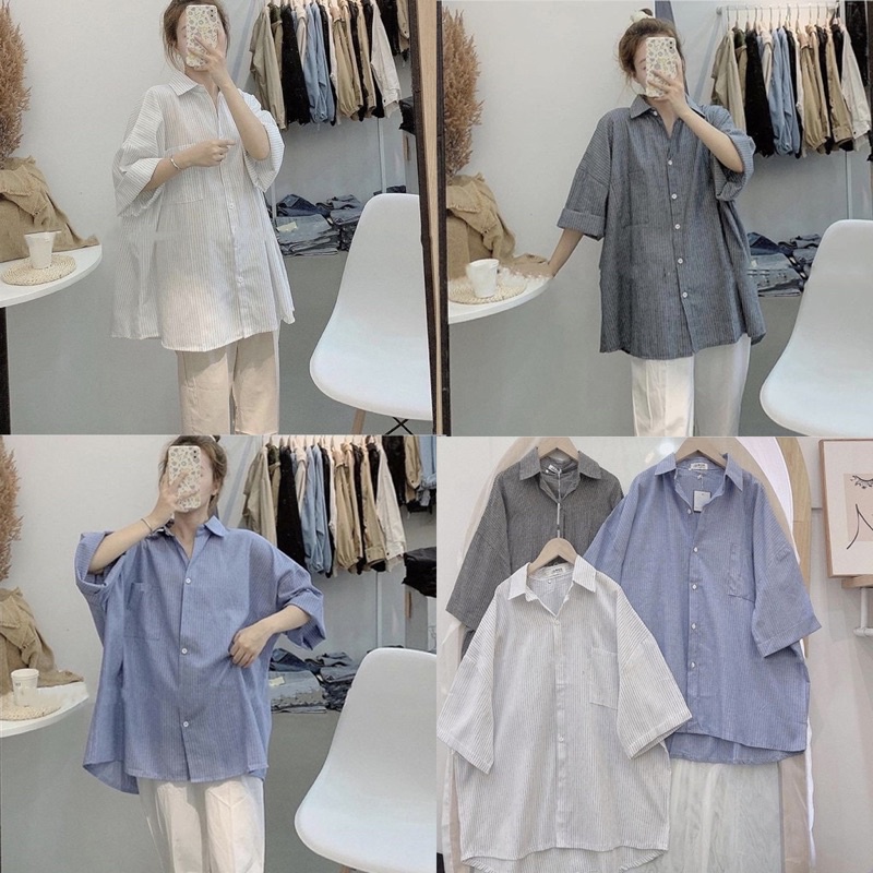 Áo sơ mi kẻ dáng rộng tay lỡ túi ngực .