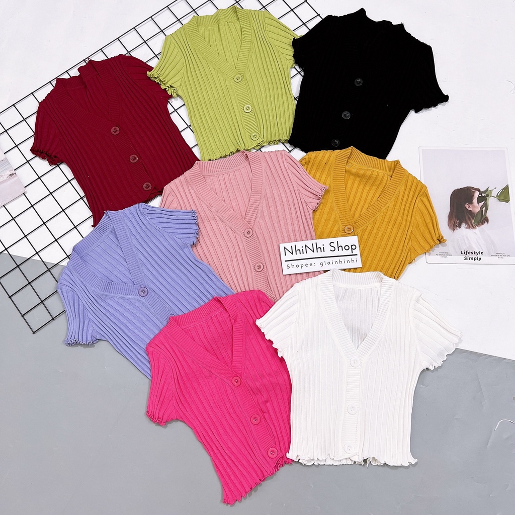 Áo len croptop cúc to dáng ôm, Áo kiểu cài cúc form ngắn cổ tim AL6131 - NhiNhi Shop