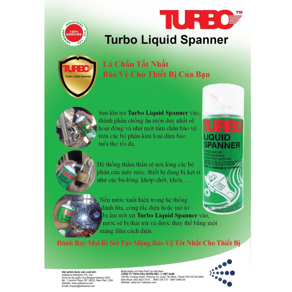 Chai xịt vệ sinh sên, chống rỉ sét, tẩy đa năng và bôi trơn Turbo Liquid Spanner USA 450ml