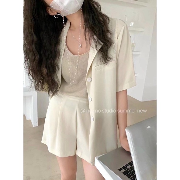 Set blazer vest cộc tay vải trơn thiết kế thanh lịch, trẻ trung