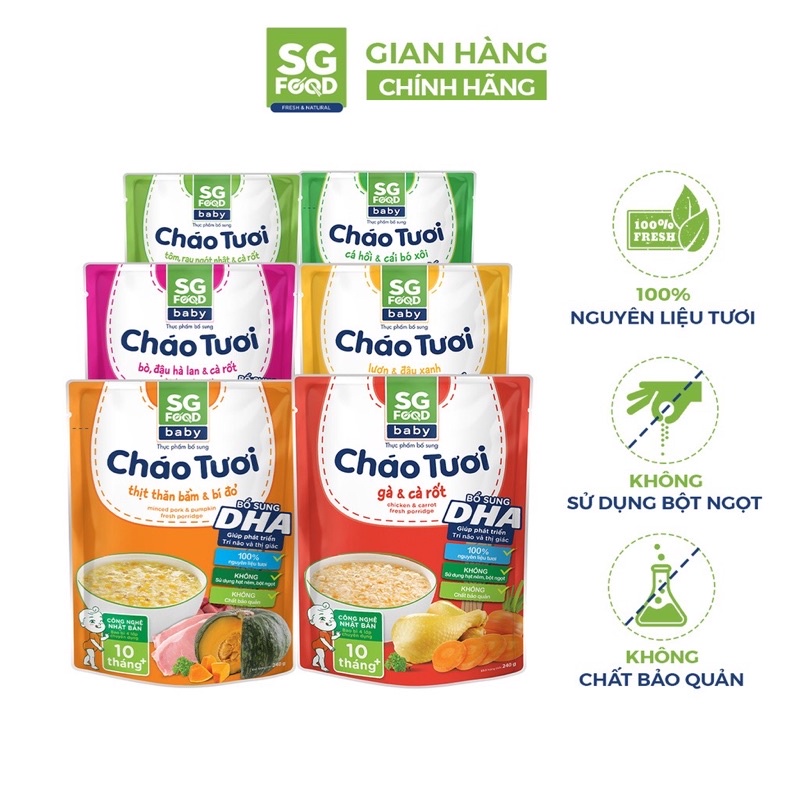 Cháo tươi baby DHA SG Food cho bé đầy đủ dinh dưỡng.