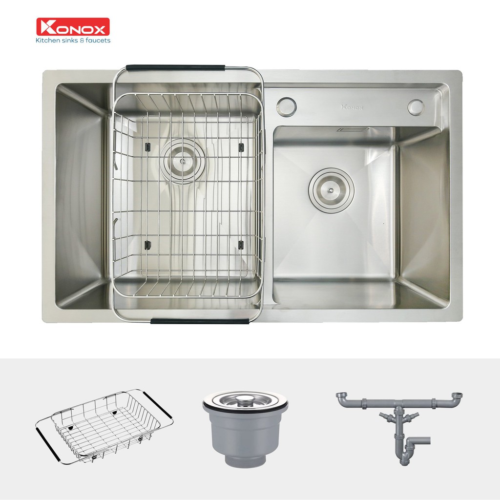 Chậu rửa bát inox KONOX Overmount Series KN8248DO, inox 304, full set gồm Siphon+Giá úp bát inox