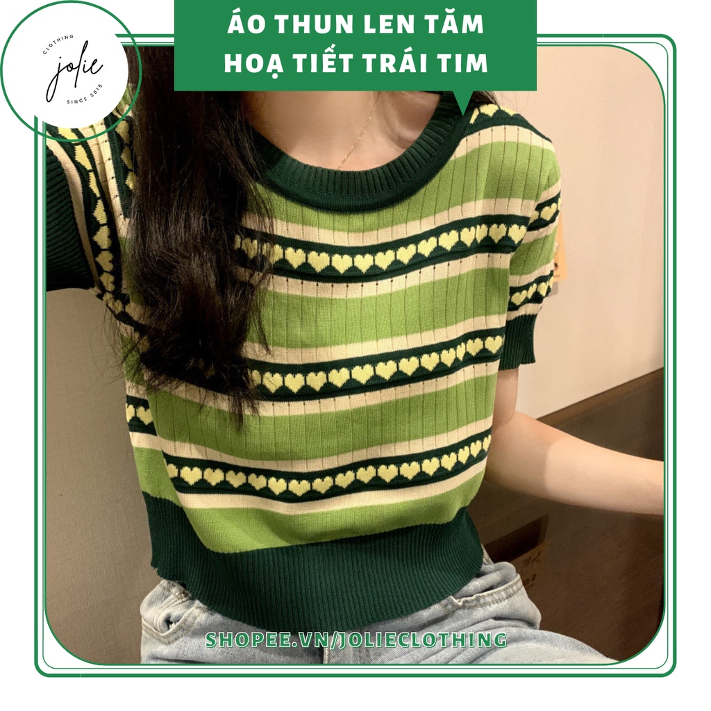 Áo croptop len cổ tròn, tay ngắn họa tiết trái tim xinh xắn