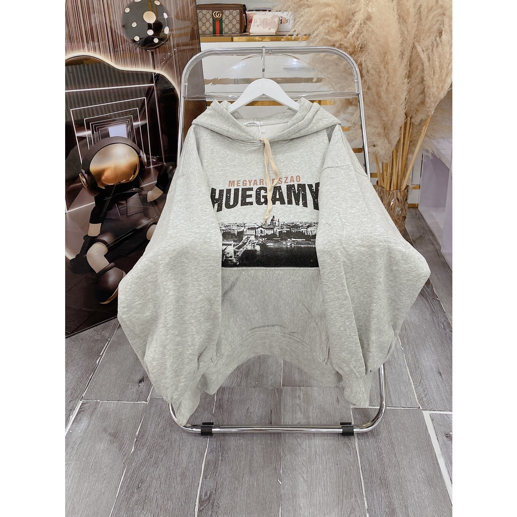 Hoodie Dáng Rộng Mũ 2 Lớp Tay Bồng Nam Nữ Unisex Chữ Huegamy Uzzlang