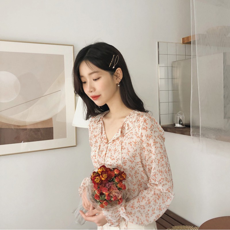 Áo voan hoa tay dài cột dây phong cách thời trang Hàn Quốc 27394