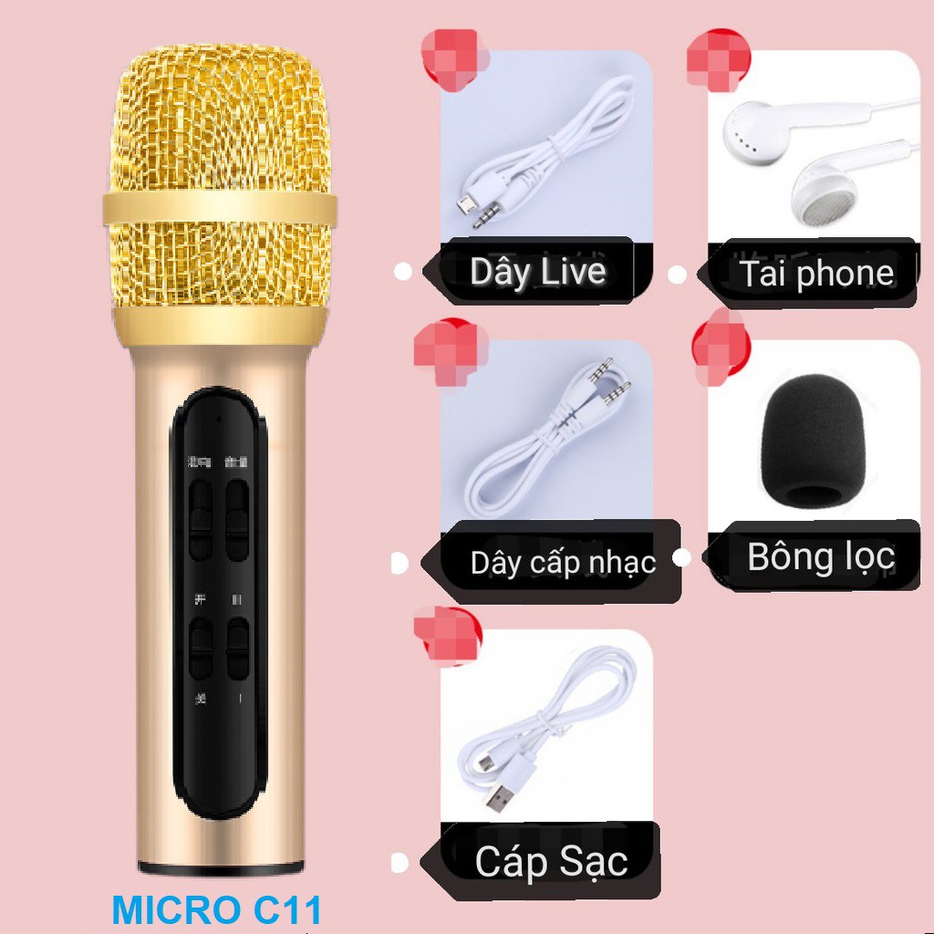 Bộ Micro C11 Live Stream, Hát Karaoke Chuyên Nghiệp Mới, Đầy Đủ Phụ Kiện Tai Nghe, Cáp Sạc, Dây Live, Dây Lấy Nhạc ...