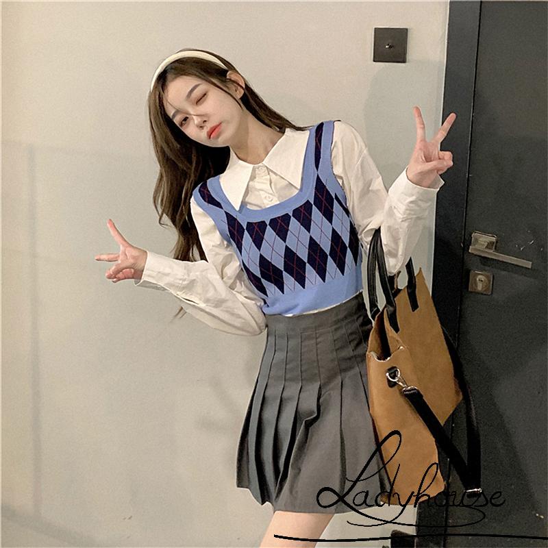 Áo Dệt Kim Không Tay Cổ Chữ U In Họa Tiết Kim Cương Hợp Thời Trang Cho Nữ