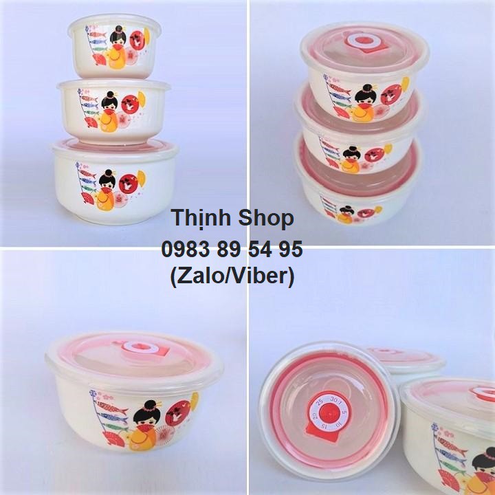 bộ 3 thố sứ có nắp hút chân không - bộ 3 thố sứ búp bê có nắp