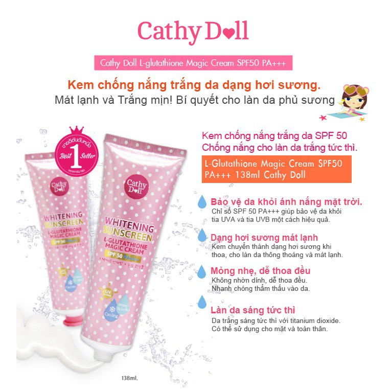 Kem chống nắng dưỡng trắng da Cathy Doll L- Glutathione Magic Cream SPF50 PA+++ 138ml