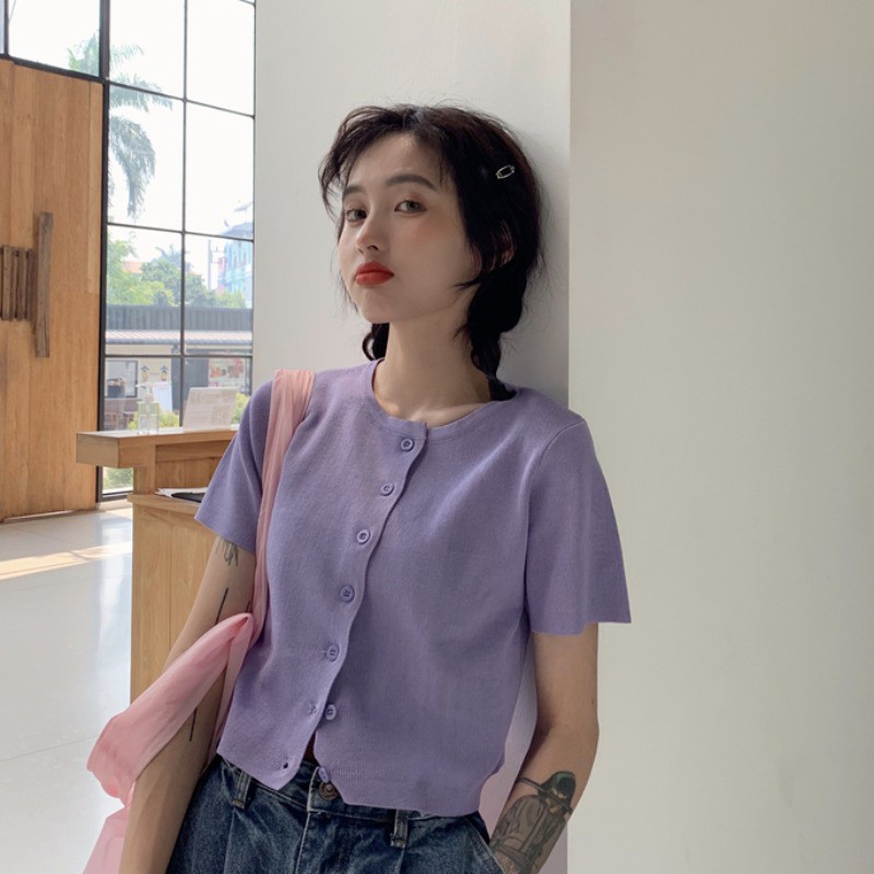 Áo Croptop Dệt Kim Ngắn Tay Thiết Kế Xinh Xắn Cho Nữ