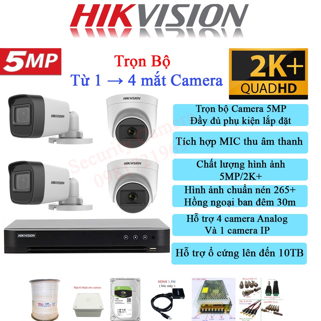 Bộ camera HIKVISION 5MP [Tích Hợp Mic] Chính Hãng - bảo hành 24 tháng , tặng đẩy đủ phụ kiện lắp đặt