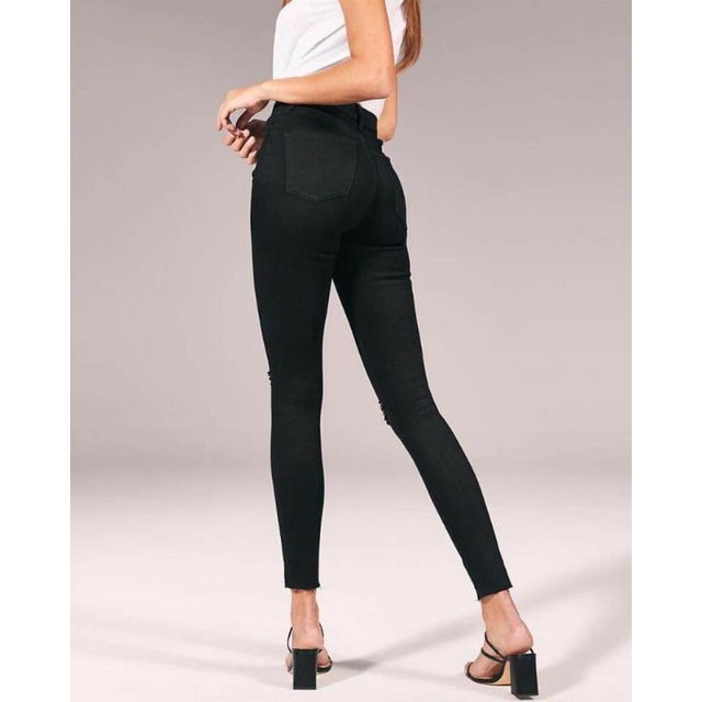 Quần jean đen skinny rách gối cắt lai A&amp;B chất co giãn-hàng xuất