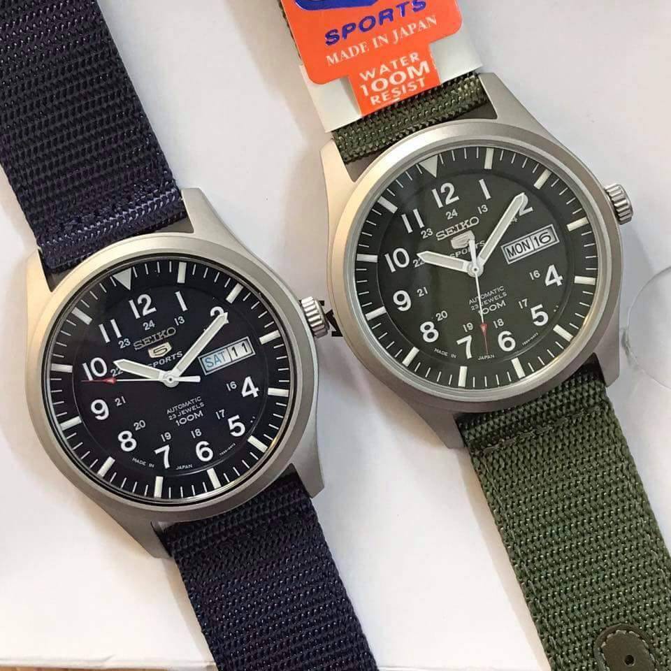 Đồng hồ nam Seiko 5 Sports Quân Đội kính Hardlex, máy Automatic, dây Canvas