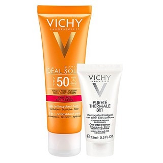 VICHY-Kem chống nắng bảo vệ, giảm dấu hiệu lão hóa Ideal Soleil Anti-Age SPF50 50ml+Tặng Sữa rửa mặt tẩy trang 3in1 15ml