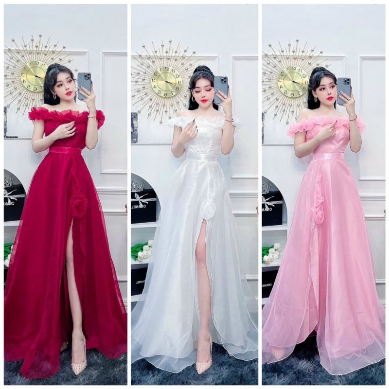 Đầm váy dạ hội bẹt vai phối hoa xẻ đùi hình thật