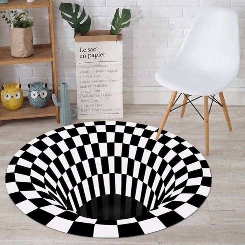 Thảm lót sàn hình tròn họa tiết chú chó 3D màu trắng đen trang trí nhà cửa