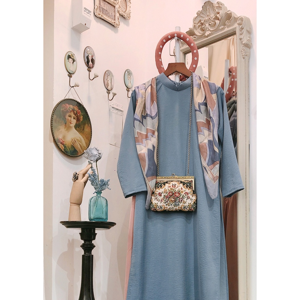 Set Áo dài Rosemary Lụa Tây Thi Xanh Xám