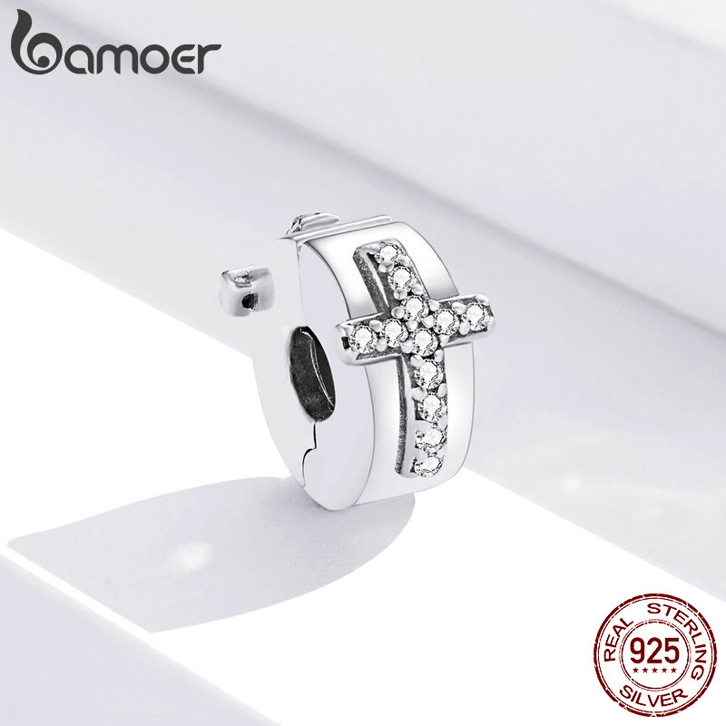 bamoer 925 Real Silver Bible Cross Clip Charm for Original Women Jewelry Making SCC1497