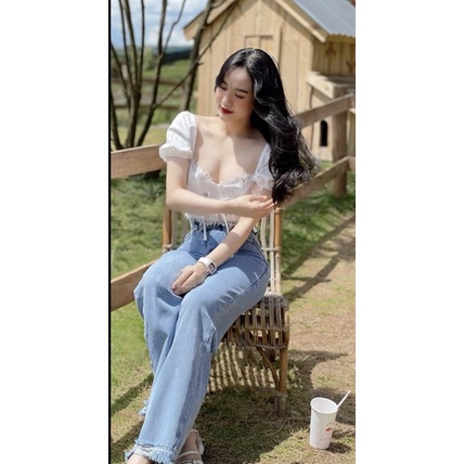 Áo Croptop Tay Bồng Phối Ren Lưng Chun Áo Buộc Dây Ngực Viền Ren Sexy