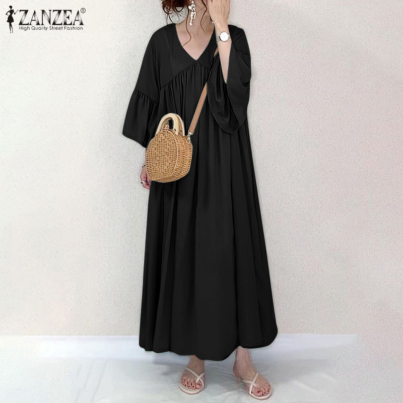 Đầm Maxi ZANZEA Tay Lỡ Cổ Chữ V Màu Trơn Sành Điệu Cho Nữ | BigBuy360 - bigbuy360.vn