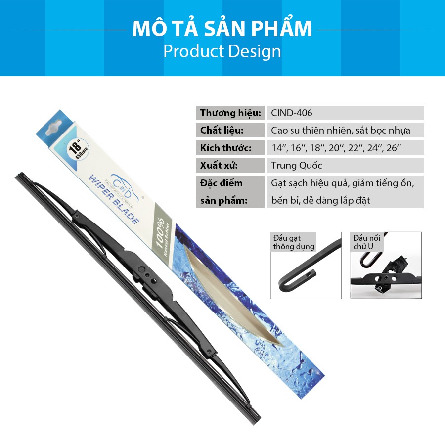 [Mã BMBAU50 giảm 10% đơn 99k] Gạt Mưa Gọng Sắt CIND 406 (18 Inch/450 mm) Nhập Khẩu Chính Hãng