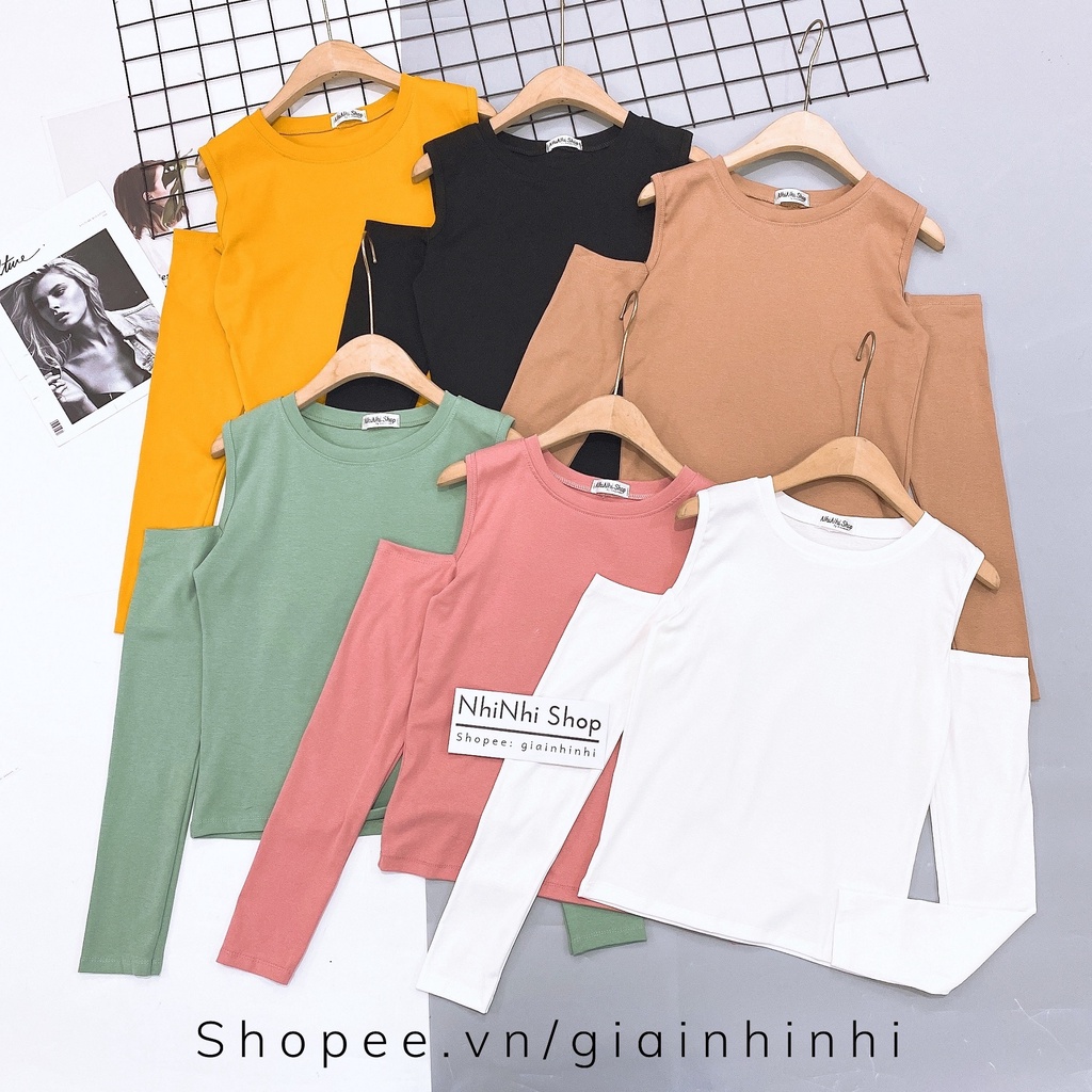Áo thun kiểu hở vai dáng ôm, Áo kiểu cổ tròn dài tay vải cotton co giãn CS1532 - NhiNhi Shop