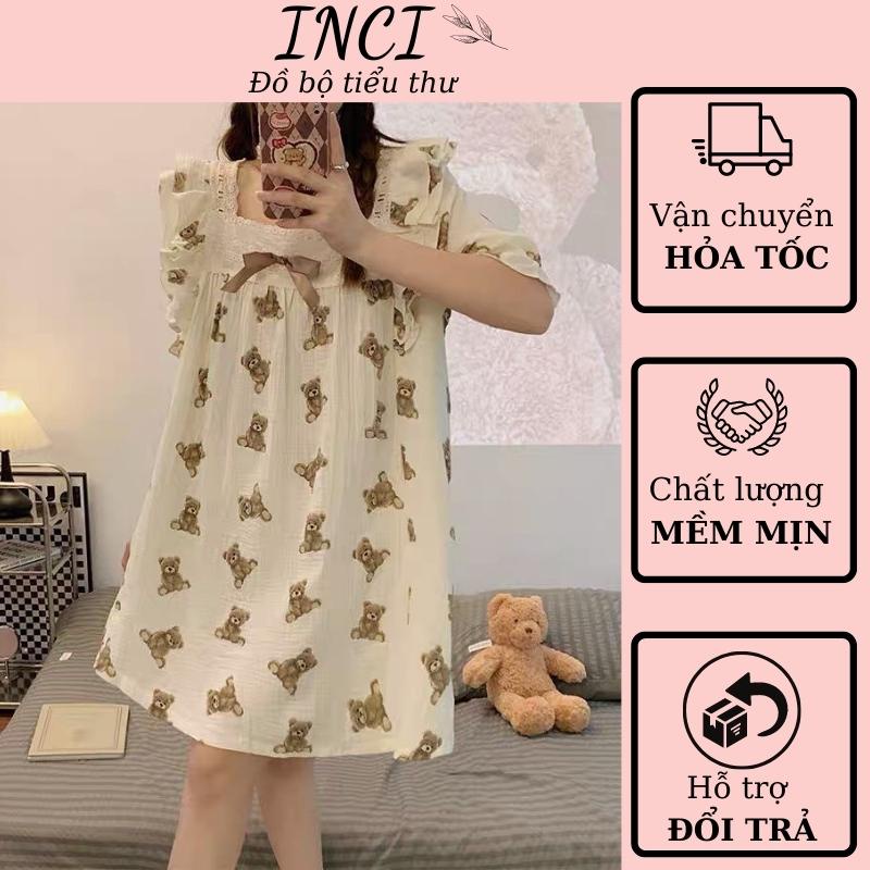 Váy ngủ gấu tay lửng phong cách tiểu thư, dễ thương, chất liệu mềm mịn
