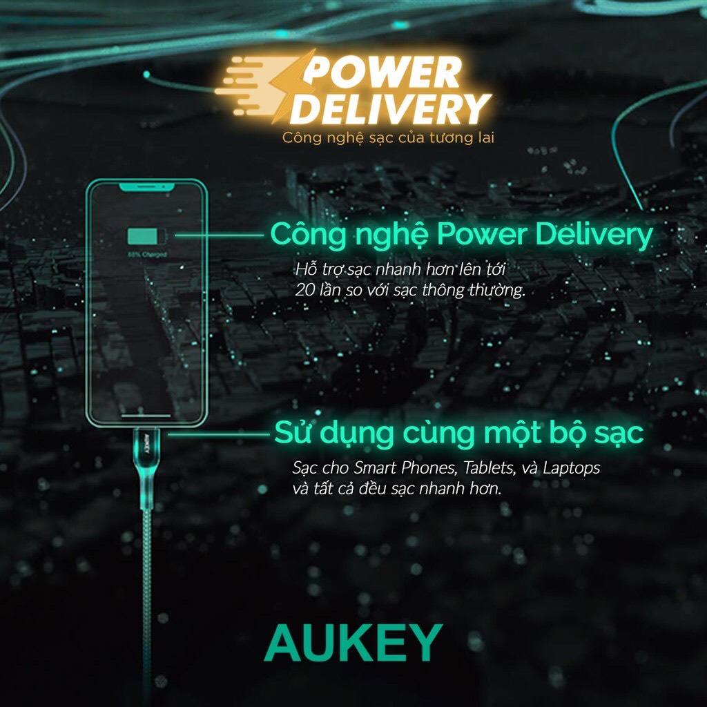 Combo Sạc Nhanh Aukey PA-F1S Power Delivery 20W-Cáp Sạc Nhanh USB-C To Aukey CB-CL2 2M - Hàng Chính Hãng