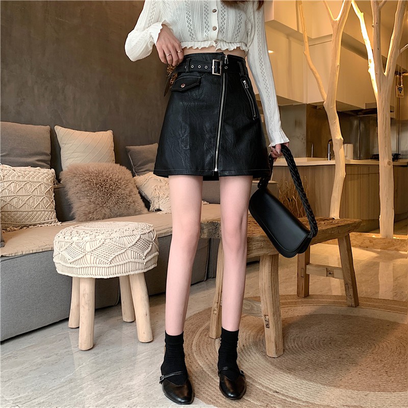 Chân Váy Da Lưng Cao Phối Thắt Lưng Phong Cách Hàn Quốc | BigBuy360 - bigbuy360.vn