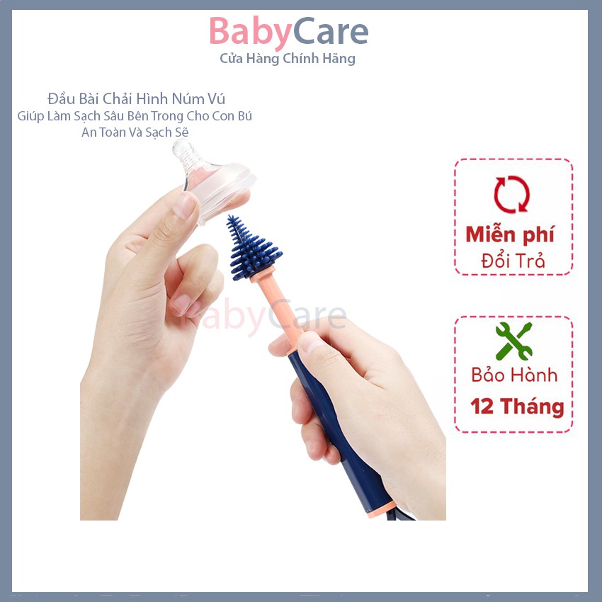 Bộ Cọ Rửa Bình Sữa Silicone BabyCare Cao Cấp Tay Cầm Xoay 360 độ - Bộ 3in1 - Tặng Kèm 1 Cọ Ống Hút Nước - BabyCare