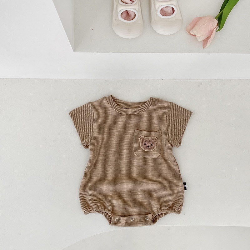 Bộ Áo Liền Quần Ngắn Tay In Hình Gấu Phong Cách Hàn Quốc Cho Bé Trai Và Gái