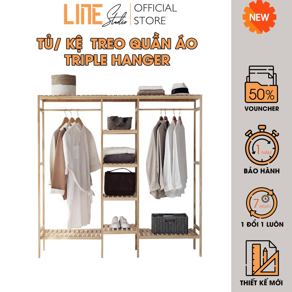 Tủ Kệ Treo Quần Áo Triple Hanger Tủ Kệ Treo Quần Áo Gỗ thông có Kệ Đa Năng Line Studio Nội Thất Phòng Ngủ Lắp Ráp Giá Rẻ